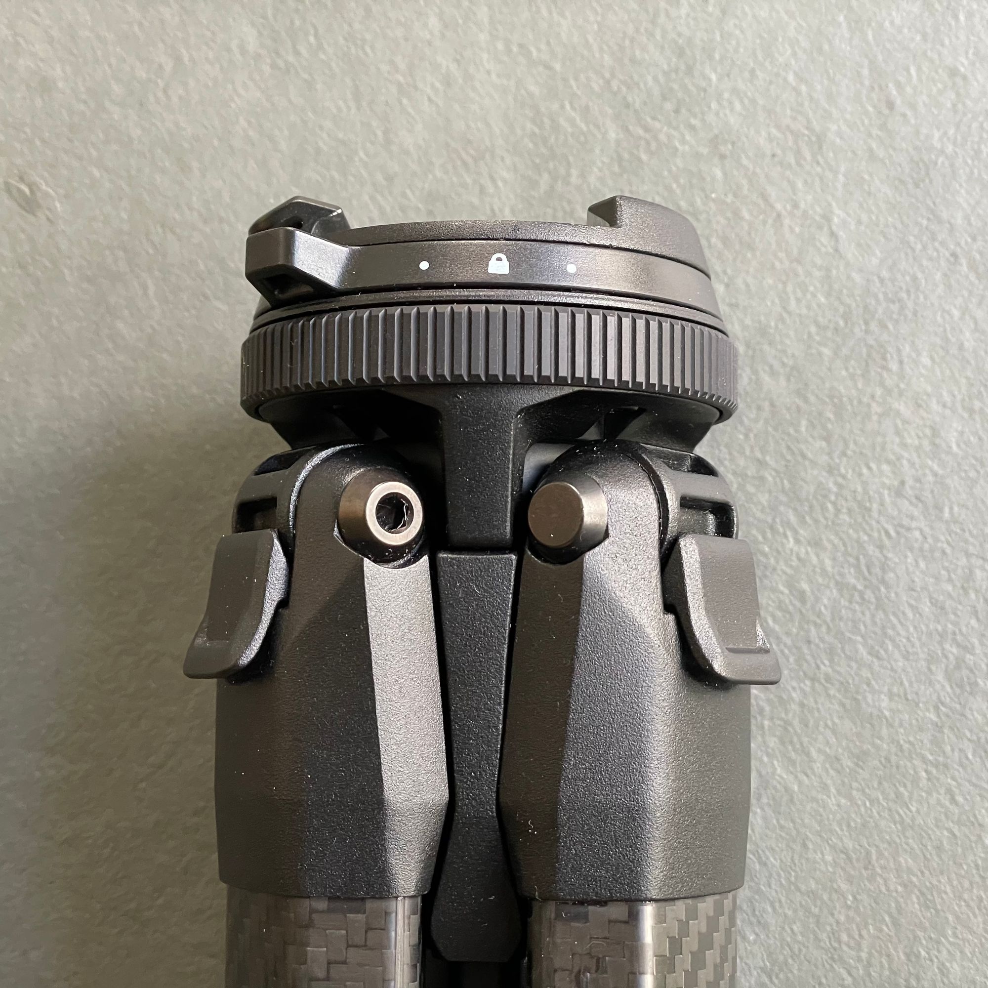 Tripod head locked for travel